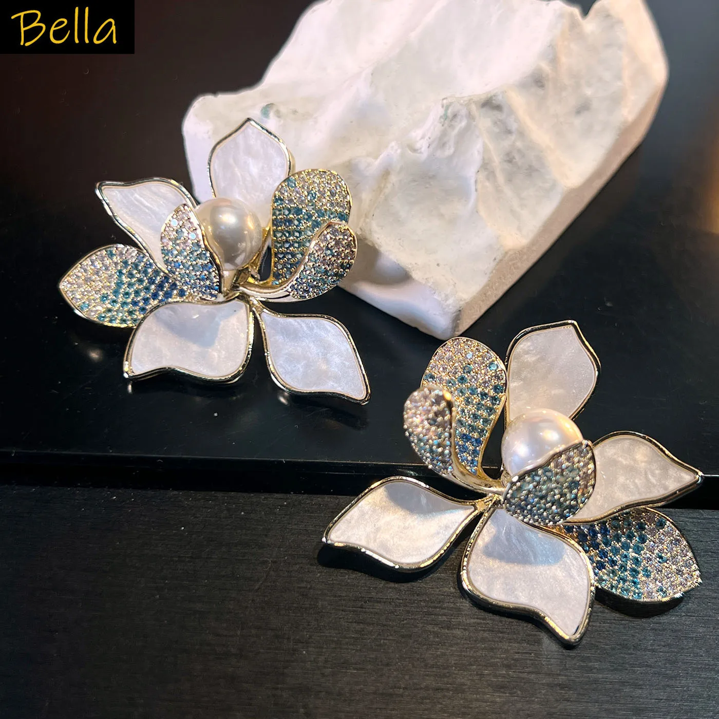 

Shell & Cubic Zirconia large Flower Stud Earrings Chinese Style blue pink petals Statement earrings Jewelry for Women gift
