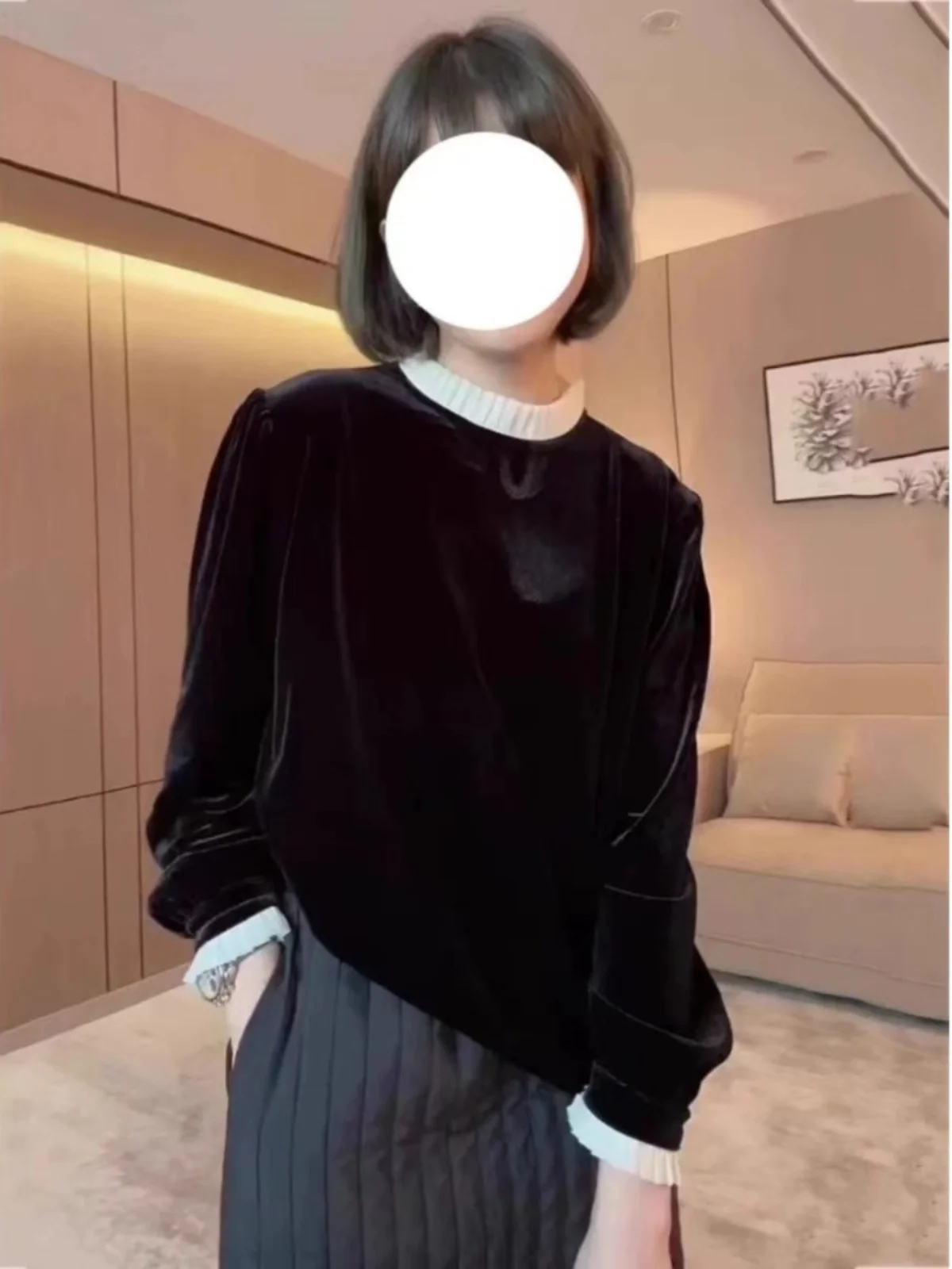 

Velvet Base Layer irt Women's Lace Oversize Spring New Sle Patchwork Long Sve round Ne Top Commute Sle Polyester F...