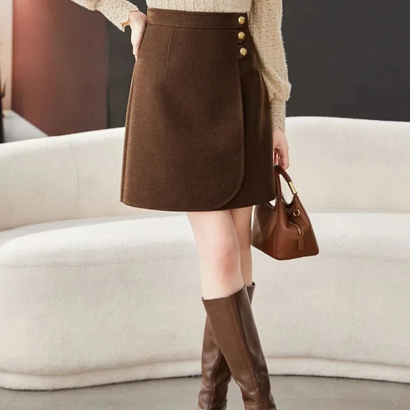 Temperament All-match Autumn Winter Woolen Women Solid High Waist Button Fashion Elegant Office Lady A-line Short Bag Hip Skirt