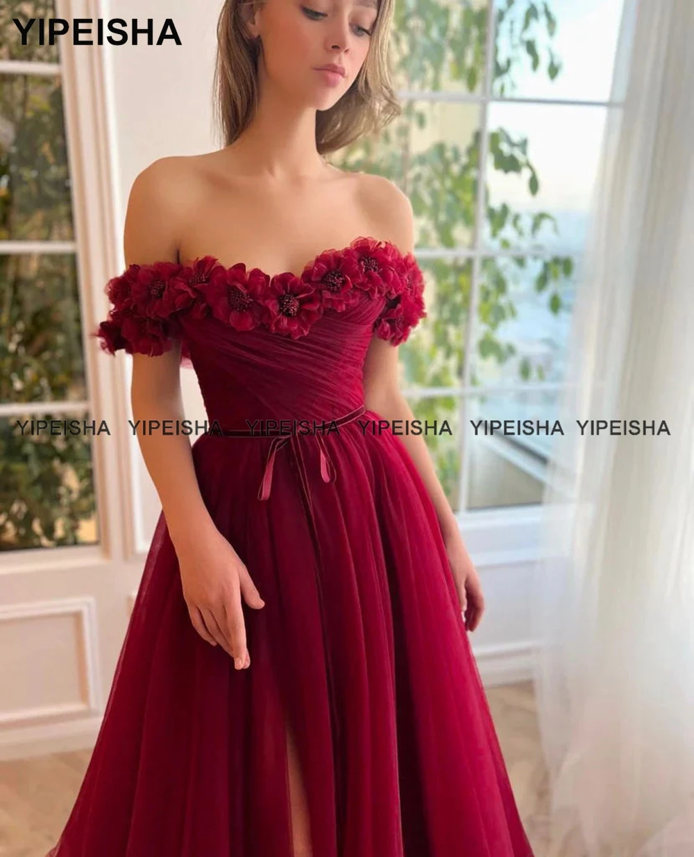 Yipeisha Off-shoulder Dark Red Evening Gown 2023 High Split Party Dresses Sexy  Flowers Prom Dress Customized