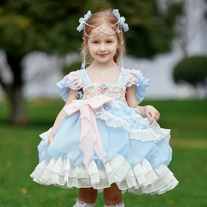 Handmade New Summer Heavy Lolita Princess Dress High Quality Short Sleeve Sundress for Girls Flower Girls Party Boutique Dress