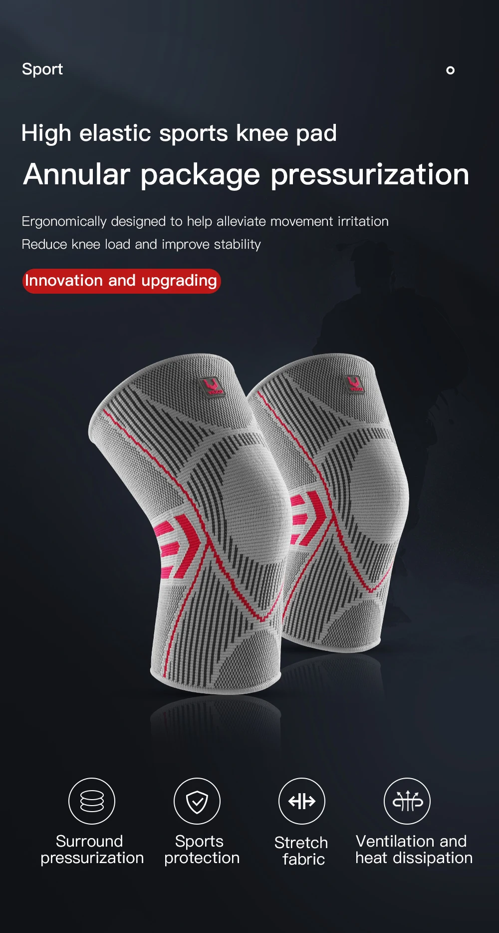 Vilico 1 Stück Kniestütze aus Nylon für Sport und Fitness, Kompressionsärmel, Knieschoner für Arthritis, Gelenke, Radfahren, Laufen – Detail 2