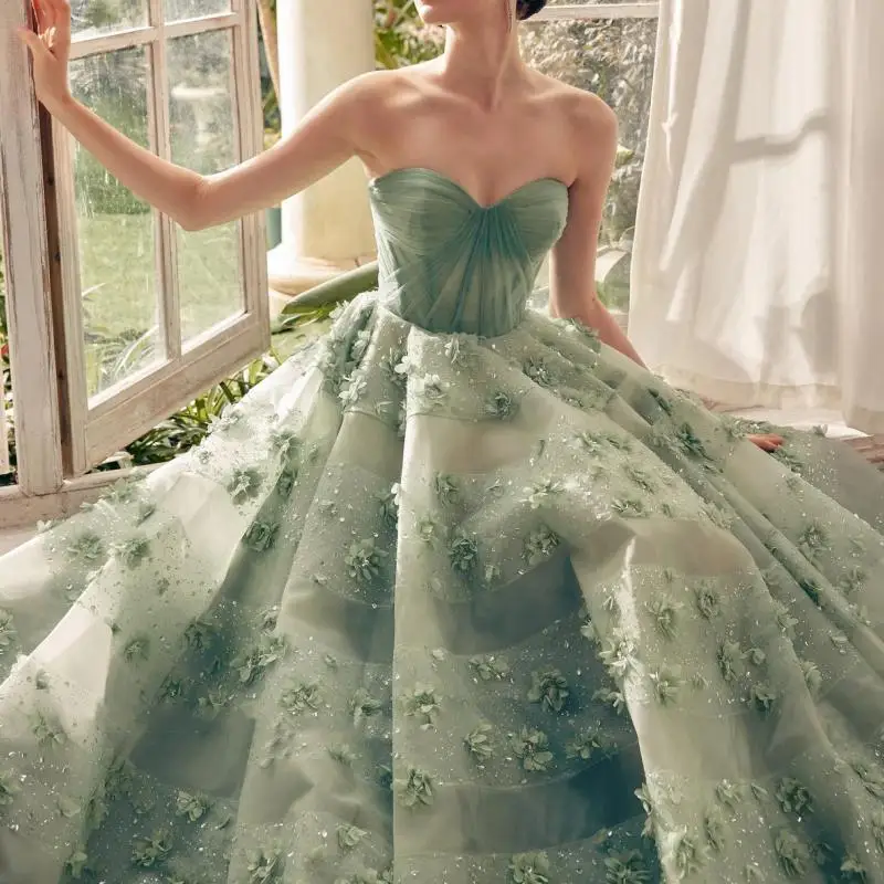 Luxury Sage Green 3D Flowers Dubai Evening Dress With Cape Strapless A Line Long Women Formal Prom Dress Wedding Party Gown New