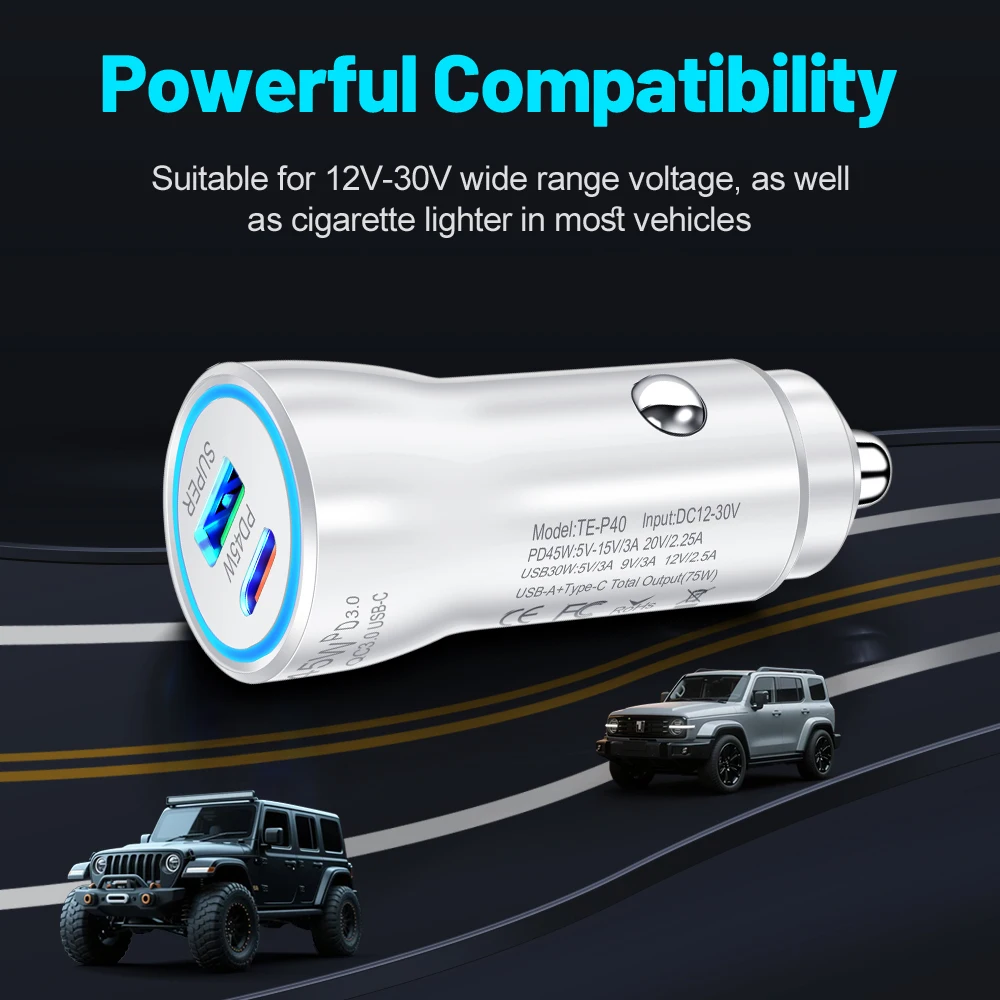 Fast Car Charger 45W PD And 30W QC3.0 Dual Port USB C Auto Adapter Intelligent Recognition For Cell Phones And Tablets