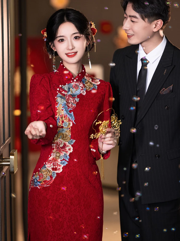 

Red Embroidered Wedding Dr Long Sve Return Home Ceremony Dr Small Size Women Vintage Sle Mid-Length Skirt