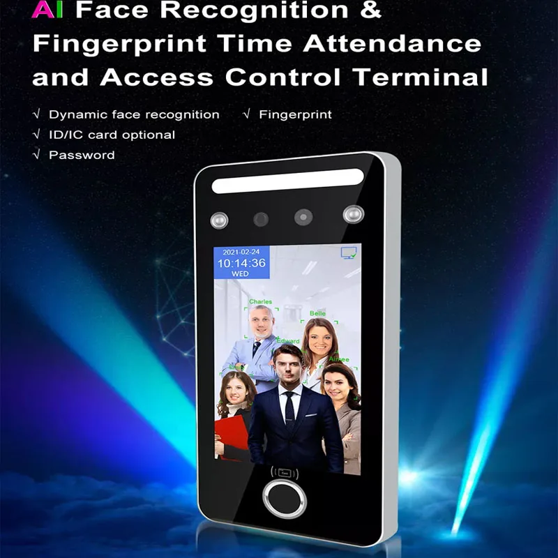 Touchless 5 Inch Face Recognition Time Attendance Fingerprint Facial QR Code Access Control Card Reader