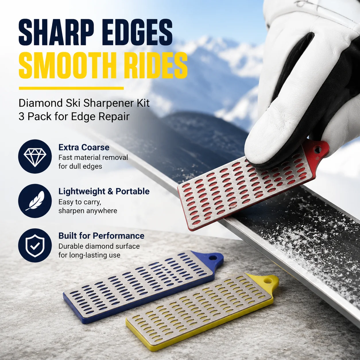 Portable Diamond Whetstone 3 Pack Ski Sharpener Kit for Skiing Edge Repair, Extra Coarse Diamond Sharpening Stone, Lightweight
