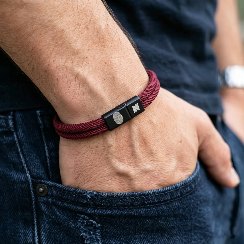 New Double Layer Knotted Braided Rope Bracelet for Men Engraved Fingerprint and N Letter Bracelet Jewelry