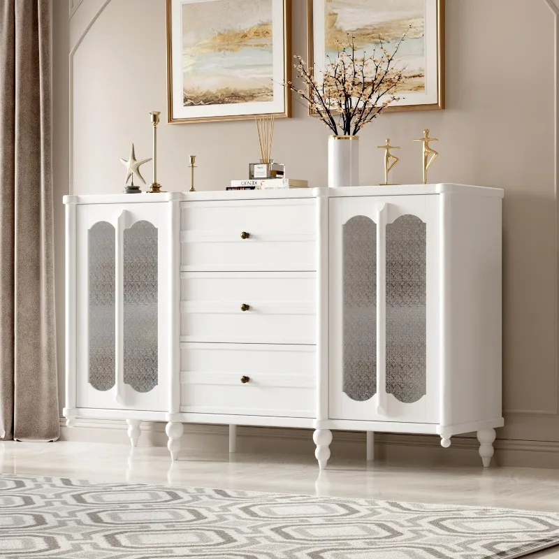 

59.1" W Vintage Accent Sideboard Buffet Storage Cabinet with Adjustable Shelves & Embossed Glass Doors, Kitchen Credenza