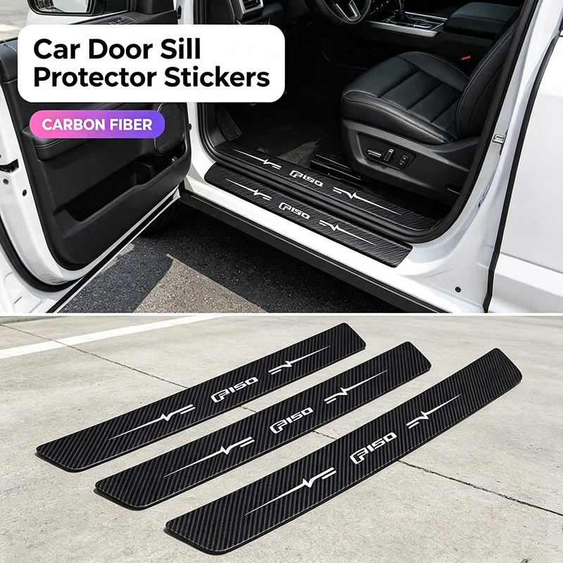 Car Door Sill Threshold Stickers Carbon Fiber Trunk Bumper Guards Decals for Ford F150 Logo Accessories