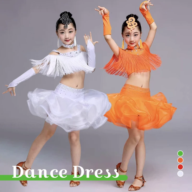 

Kids Girls Latin Dance Dress Tassel Tops Skirt Set Tango Cha Cha Samba Stage Performance Costume Professional Competition Outfit