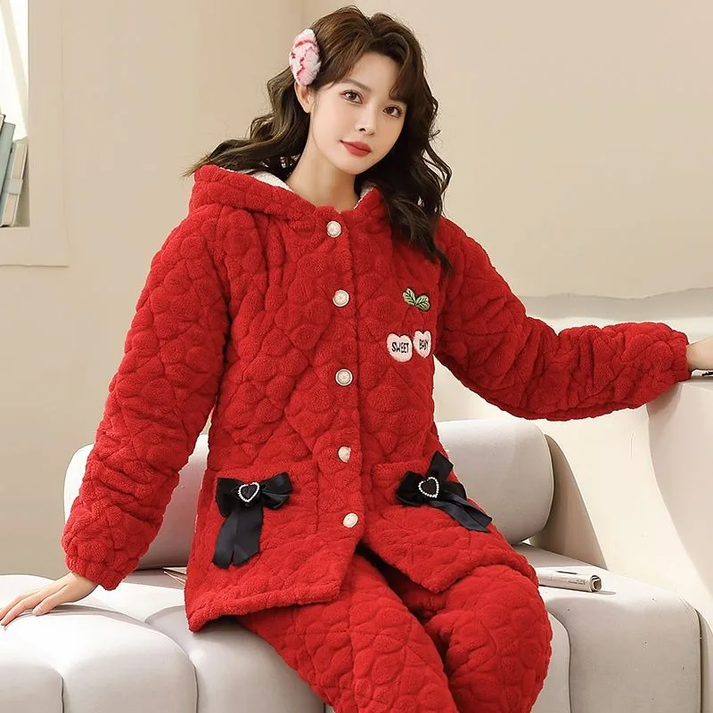 2024 New Women's Pajamas Winter Jacket Girls Three-layer Thick Warm Velvet Famale Sleepwear Suit Cute Mid-length Loungewear Sets