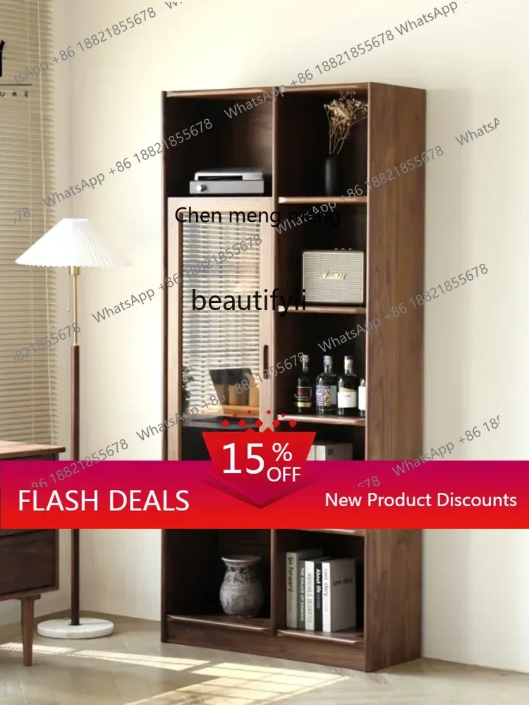 

Black Walnut Solid Wood Bookcase Bookshelf Floor Modern Simplicity with American Style Glass Door Storage with Door