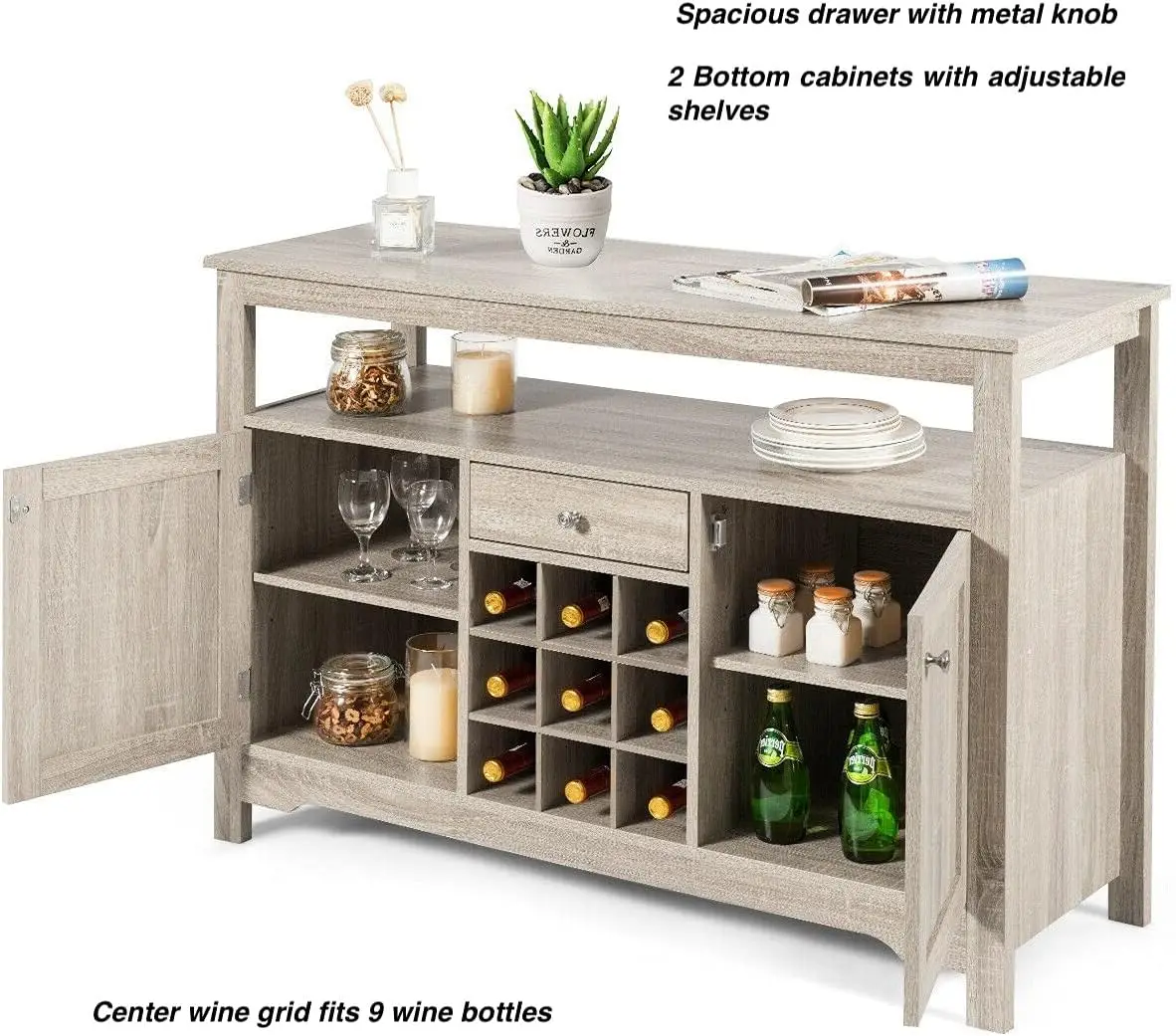Grey Wooden Buffet Server Sideboard Console Table Pantry Dining Concise Storage Open Storage Shelf 9 Wine Bottles Wine Grid 2