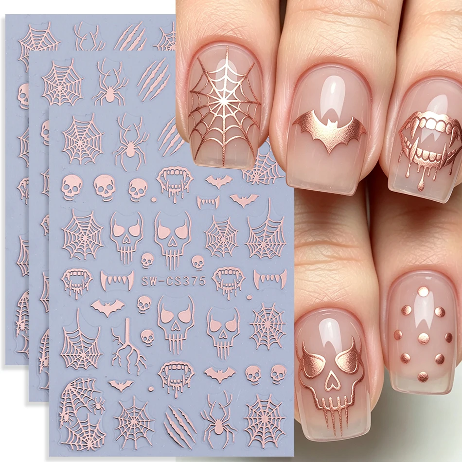 3 Stück Halloween-Nagelaufkleber in Roségold mit Totenkopf-, Fledermaus-, Spinnennetz- und Zahn-Motiven, selbstklebende Nagelsticker, Maniküre-Dekorationen für Frauen und Mädchen