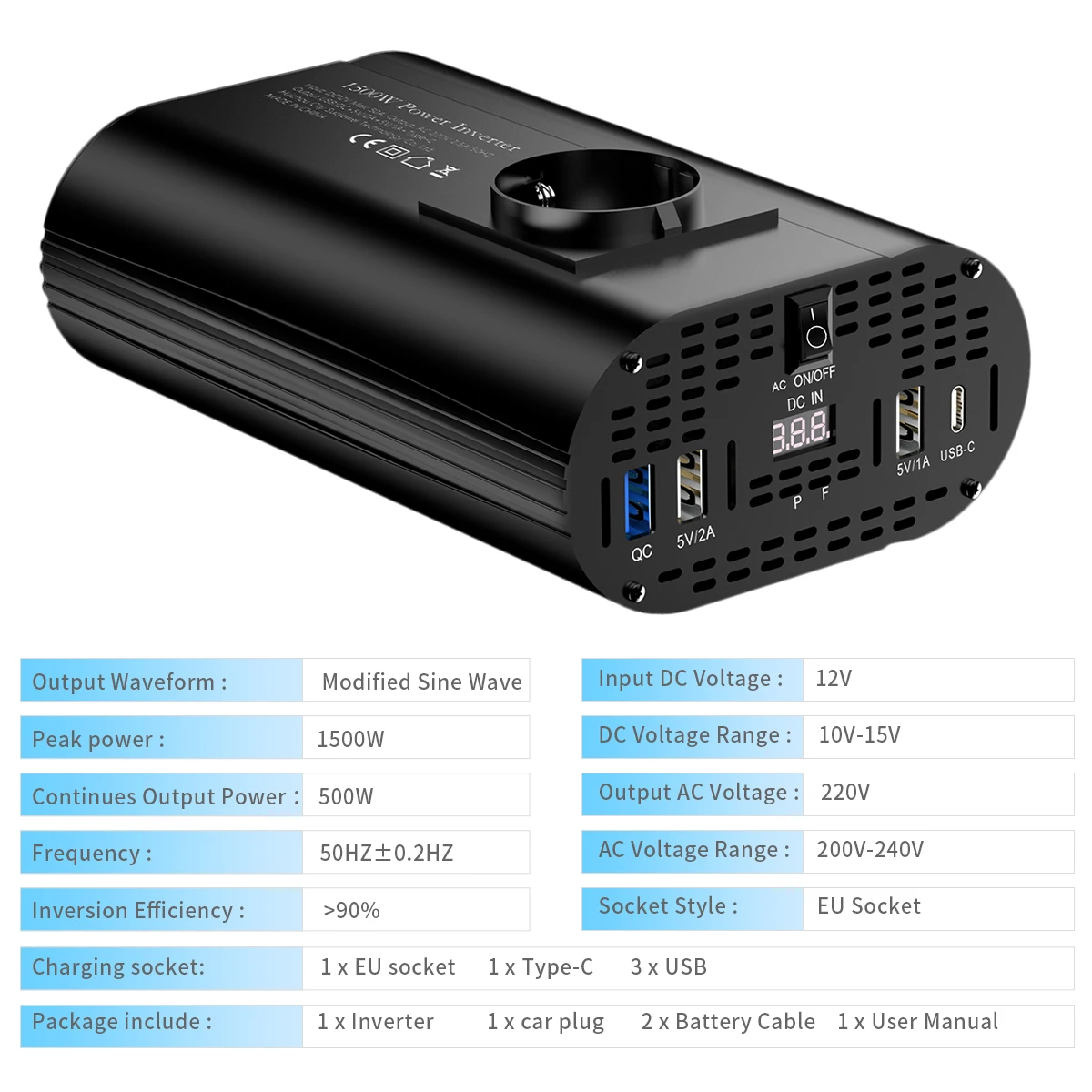 400 W/500 W/1500 W Auto-Wechselrichter DC 12 V auf AC 220 V Konverter, 3 USB 2.0 und 1 USB QC3.0 Steckdose nach europäischem Standard – Detail 15