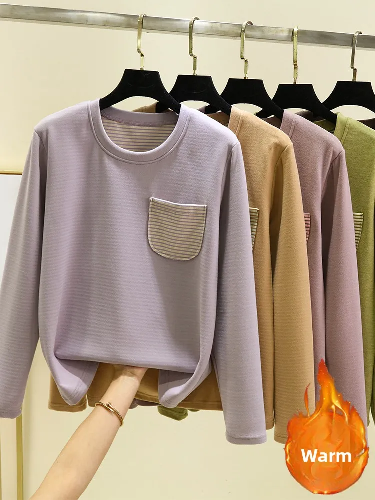Thickened Winter Warm Base Shirt Women's round Neck Pocket T-shirt Fashionable Inner Wear Long Sleeve Fleece Lined Top