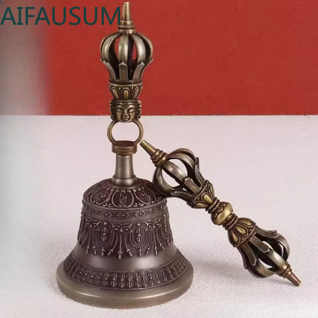 1set 20cm Nepal copper Nine-pronged Vajra bell Bronze Handbell Tibet Diamond bell Large size