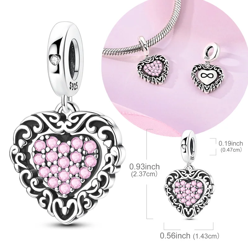 

Original 925 Sterling Silver Charms Bead Rotatable Pink Heart Pendant For Women Fit Original Bracelet Necklace DIY Jewelry Gift