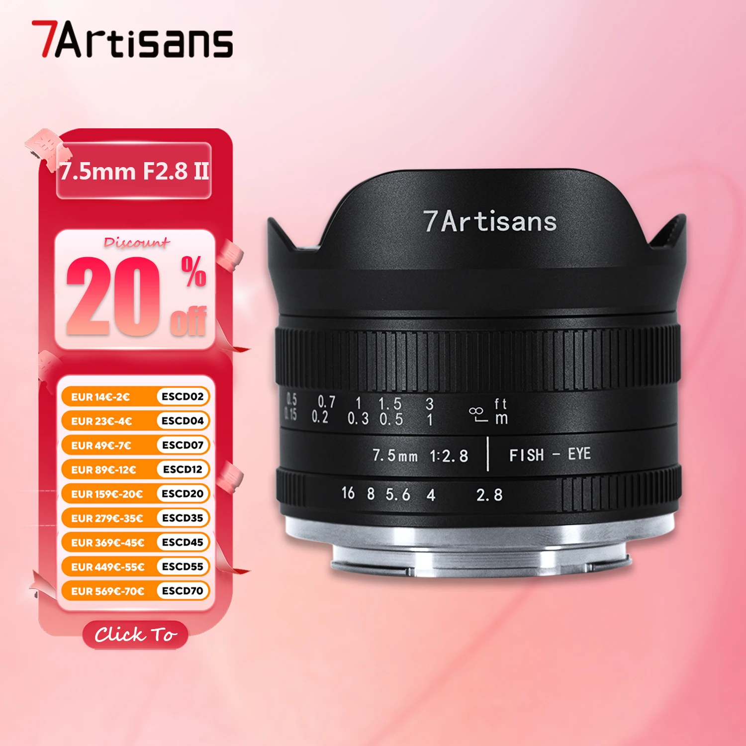 Lente de Cámara Fisheye Ultra Gran Angular 7artisans APS-C 7.5mm F2.8 II para Fotografía con Montura Sony E, Fujifilm XF, Canon RF y M43