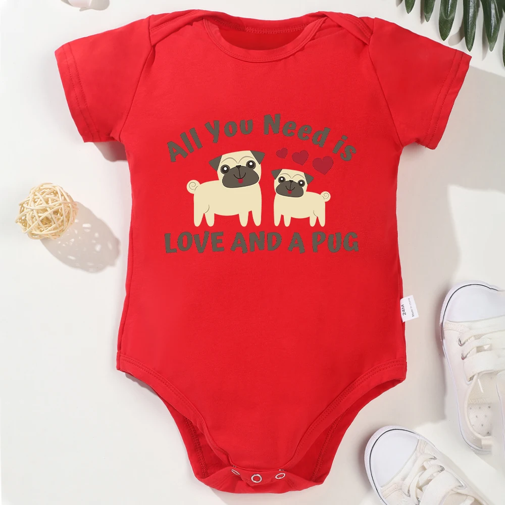 High Quality 100% Cotton Baby Boy Clothes Grey Cute Pug Print Onesies Street Casual Breathable Toddler Girl Jumpsuit 0-24 Months