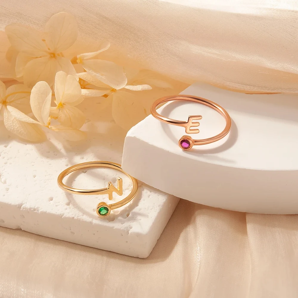 Haiyufly Personalized Custom Letter Ring for Women Stainless Steel Initial Tiny Birthstone Ring Adjustable Birthday Jewelry Gift