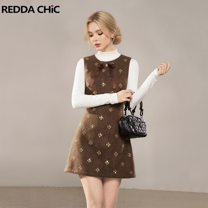 REDDACHiC Women Top Tank Dress Set Trendy Turtleneck Long Sleeve T-shirt Bow Brooch Mini Dress School Work Elegant Retro Clothes
