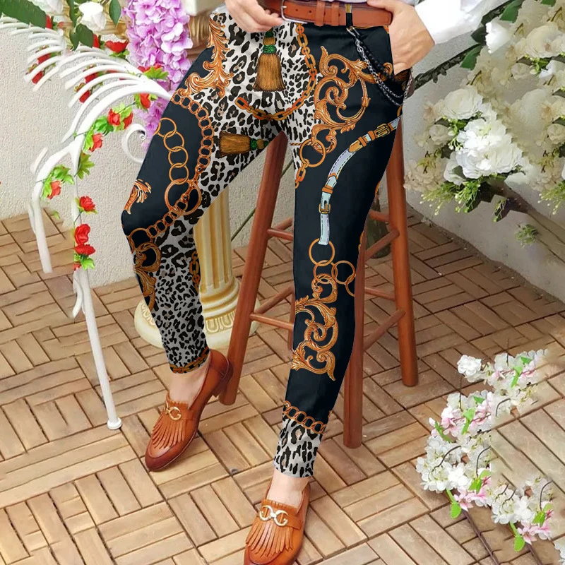 Vintage Pattern Printed Slim Fit Pencil Pants Men 2023 Spring Summer Casual Mid Waist Skinny Straight Trousers Mens Streetwear