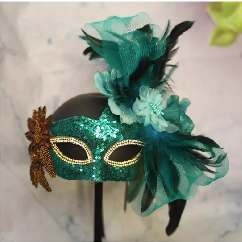 

Europe And America Exaggerate Venice Green Feather Flower Mask Halloween Carnival Dance Party Mask