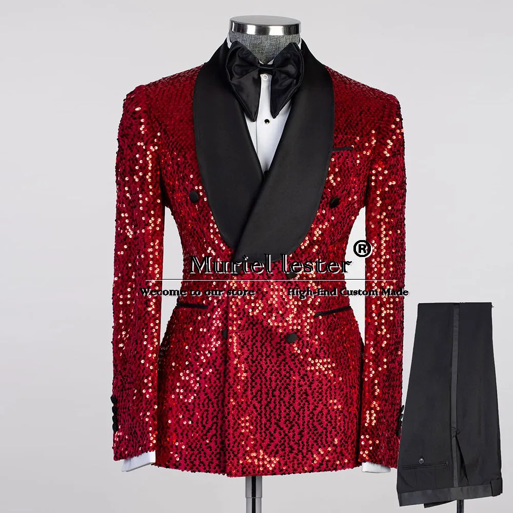 

Sparkly Red Sequins Suits Men For Wedding Black Notch Lapel Jacket Pants 2 Piece Groom Tuxedo TAILORED Business Dinner Blazers