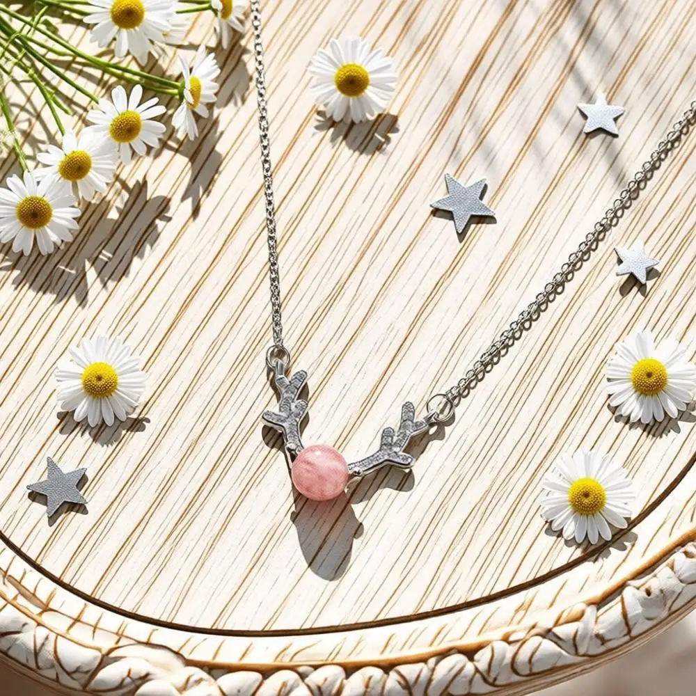 Delicate 925 Sterling Silver Antler Strawberry Quartz Pendant Necklaces for Women Girls Anniversary Party Fashion Jewelry Gifts