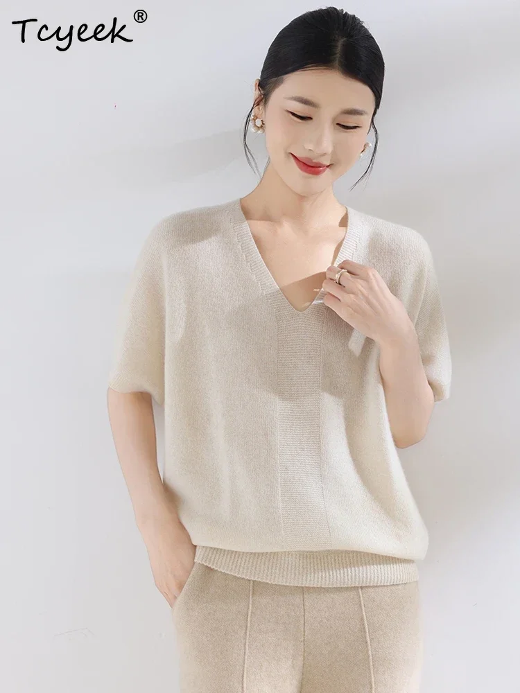 Tcyeek Women's Pullover Spring Autumn 100% Cashmere Sweater Short Sleeve Pullover Loose V-Neck Commuting Series Knit Female Top