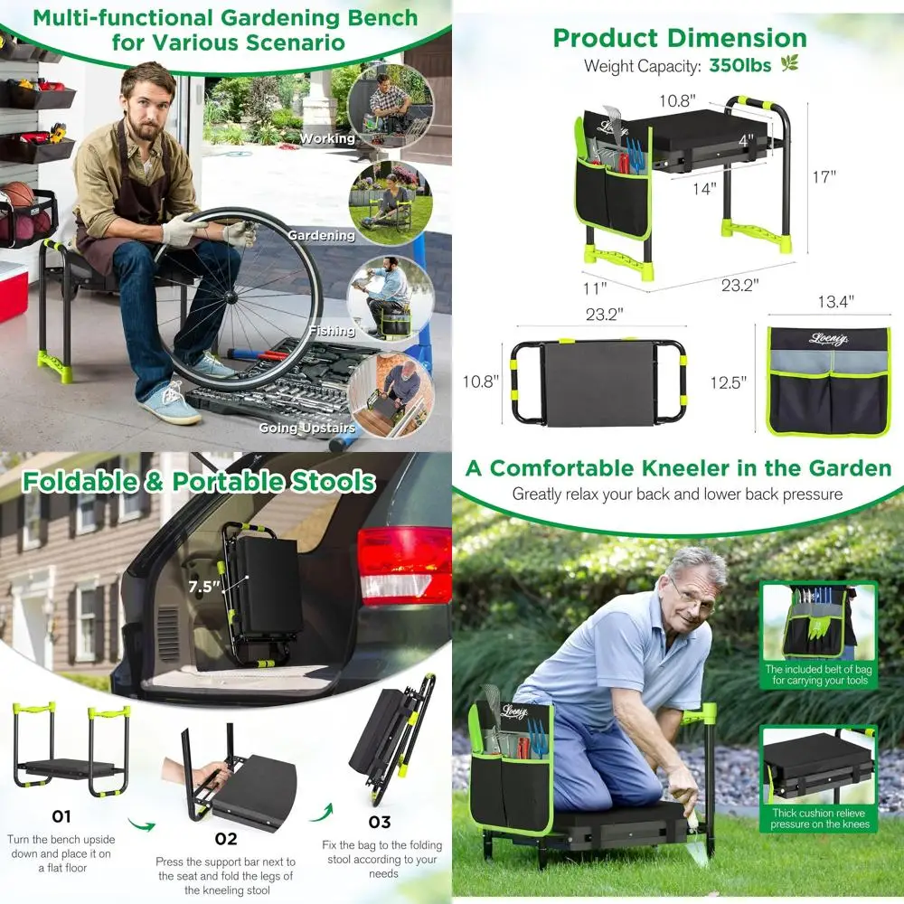 

Portable Folding Garden Bench with Tool Pouch and Cushioned Kneeling Pad for Seniors and Parents