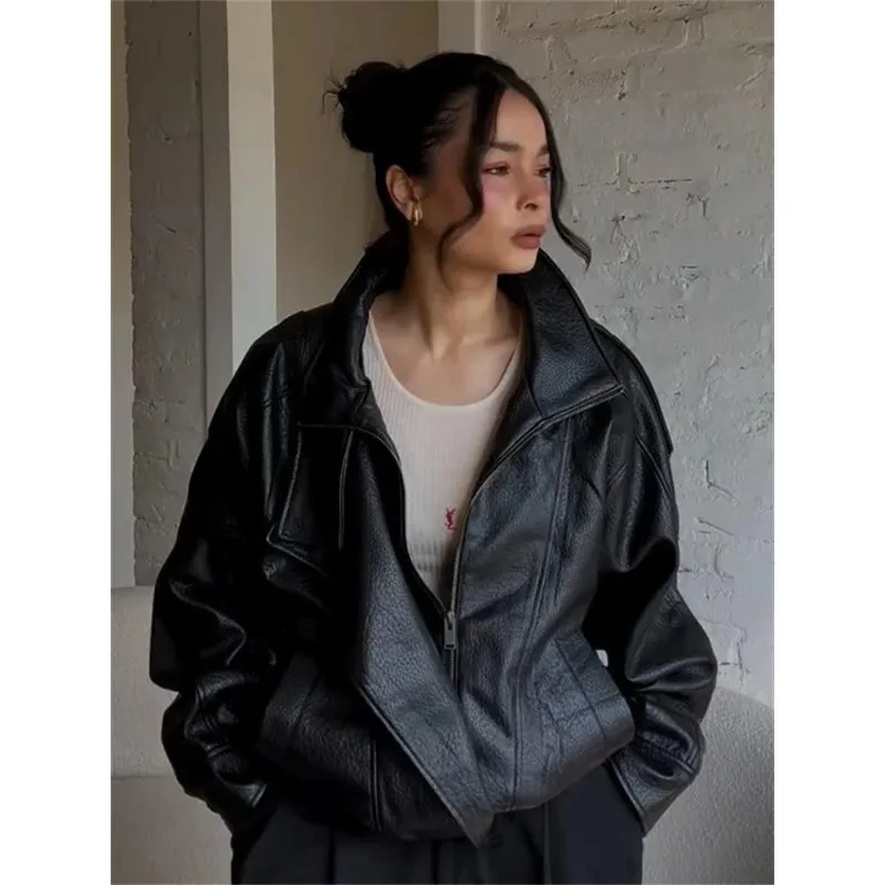 

Chic Stand Collar Cropped Leather Jacket Coat Oversized Zip-up Short Outerwear Autumn High Street Stylish Women's Fashion Outfit