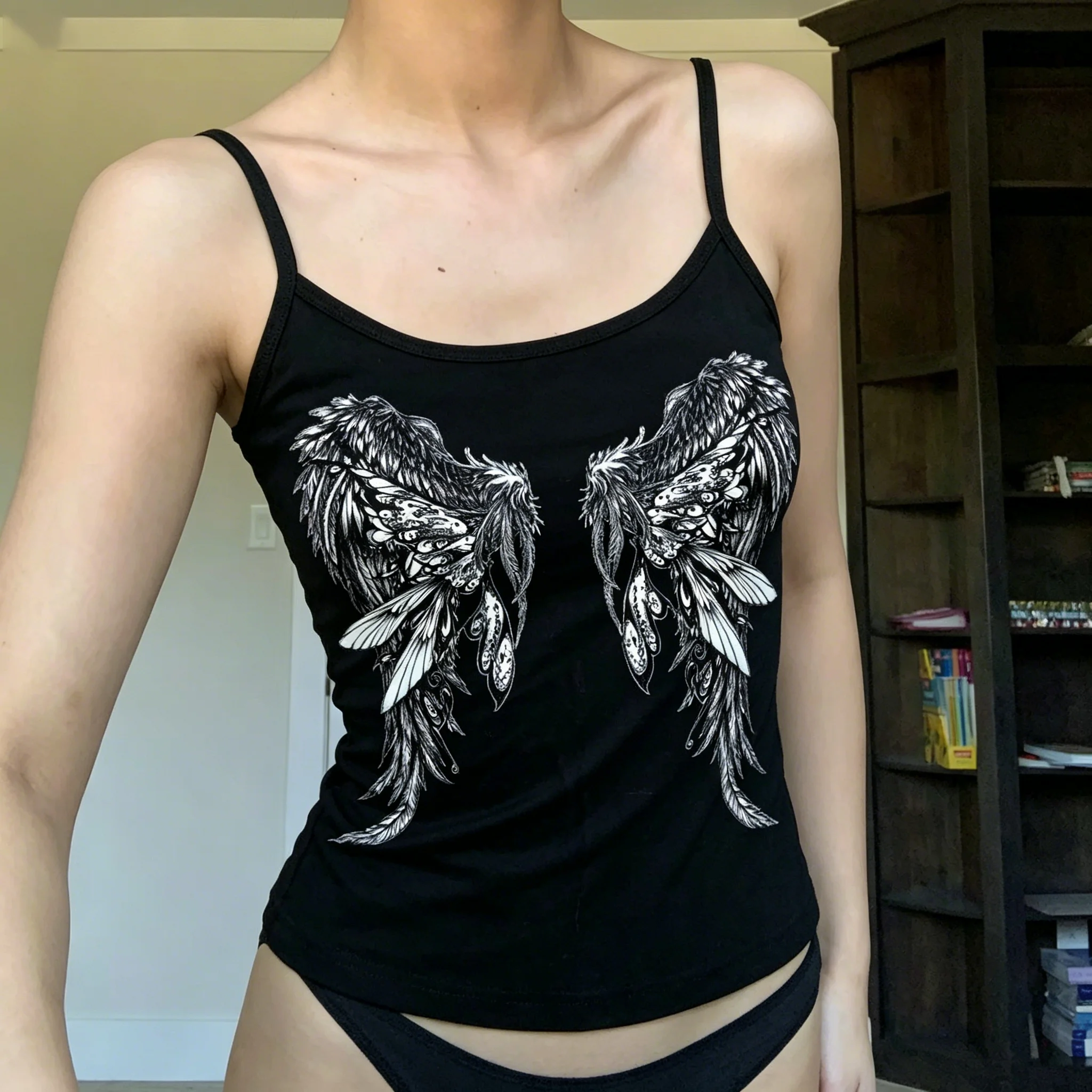 Women Y2K Gothic Angel Wings Print Top Sleeveless Slim Strap Tank Top Grunge Aesthetic Black Streetwear Camisole Summer Punk