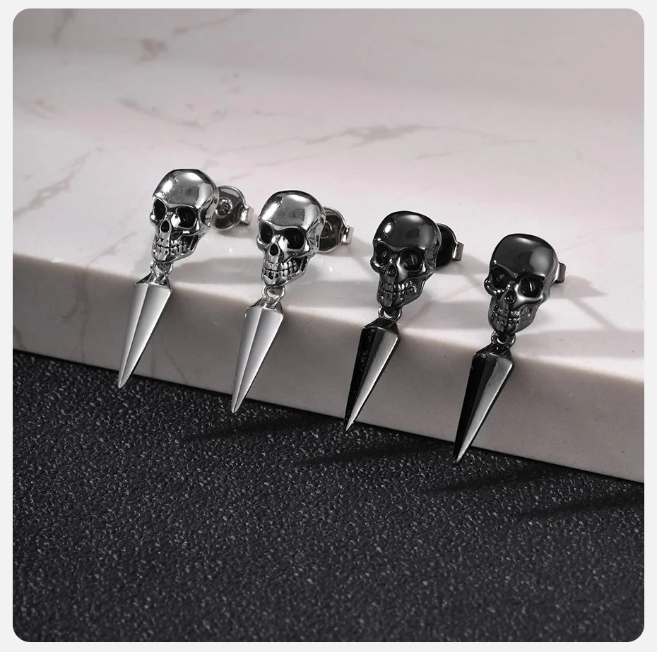 Vnox Totenkopf-Spike-Ohrhänger für Herren, Edelstahl, Gothic-Skelett-Nieten-Ohrstecker, Punk-Rock-Hip-Hop-Ohrschmuck, Geschenk – Detail 5
