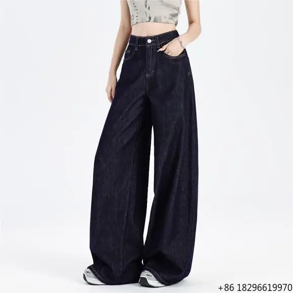 Women's Navy Blue High Waist Jeans Vintage American Wide Leg Denim Pants Slimming Straight Cut Loose Casual Summer Fall