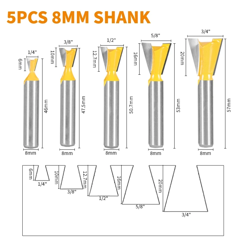 YUSUN  8MM Shank Dovetail Joint  Router Bit 14 Degree Woodworking Milling Cutter For Engraving Bits Face Mill