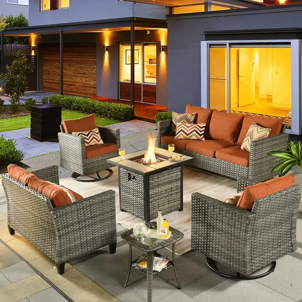 

Outdoor Sofa Set of 6 with Rocking Swivel Chairs, Loveseat, Square Fire Pit Table, Patio Furniture Set