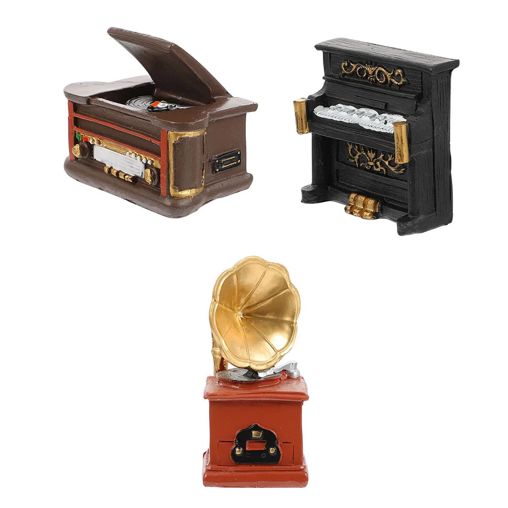 

3Pcs Mini Vintage Retro Resin Desktop Ornament Mini Gramophone Piano Retro Record Player Compact Home Decorative Decoration