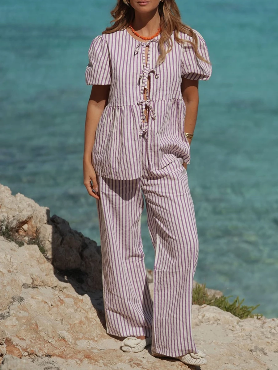 Women's Summer Loungewear Set Stripe Print Short Puff Sleeve Tie Front Tops with Elastic Waist Pants
