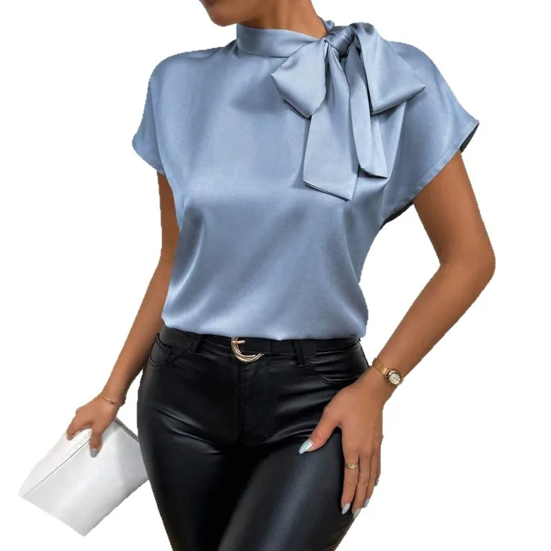 Satin Shirt Women's 2025 Summer Short-sleeved Bow Top Women's Clothing