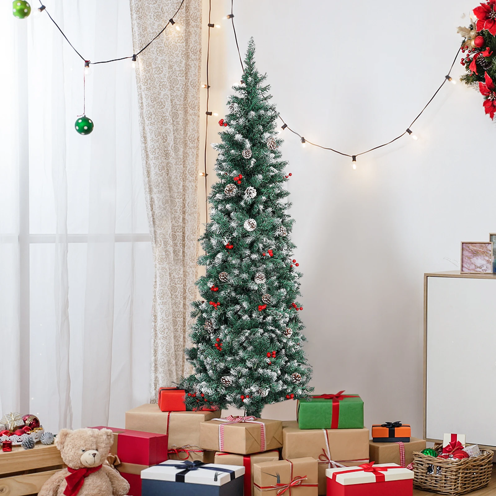 

7.5 Ft Pre-Decorated Pencil Christmas Tree Pre-Lit Holiday Tree with Clear Lights Collapsible for Easy Storage 41 Pine cones