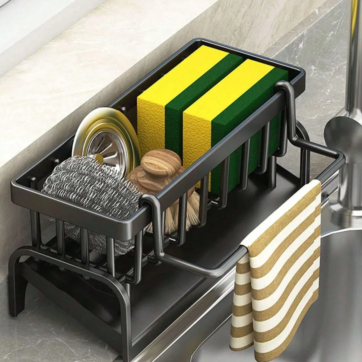 Kitchen Sink Caddy Organizer with Self-draining Tray,Sponge Holder for Kitchen Sink,Bathroom and Kitchen Supplies,With Towel Rac