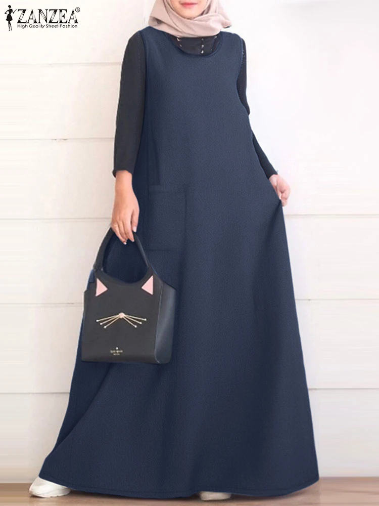 ZANZEA-Robe Hijab Abaya Musulmane pour Femme, Salopette Vintage en Denim, Couleur Unie, Bleu, à la Mode, Éducative, Été 2025