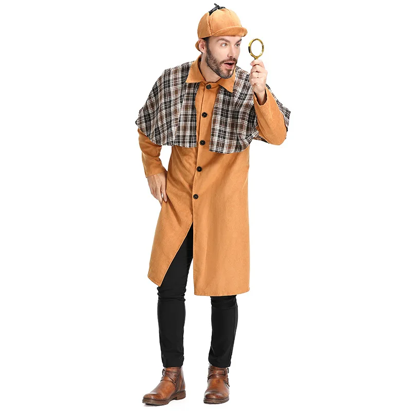 Adult Men Detective Cosplay Costume British Style Checkered Shawl Long Sleeve Overcoat Script Play Game Outfit Halloween Costume