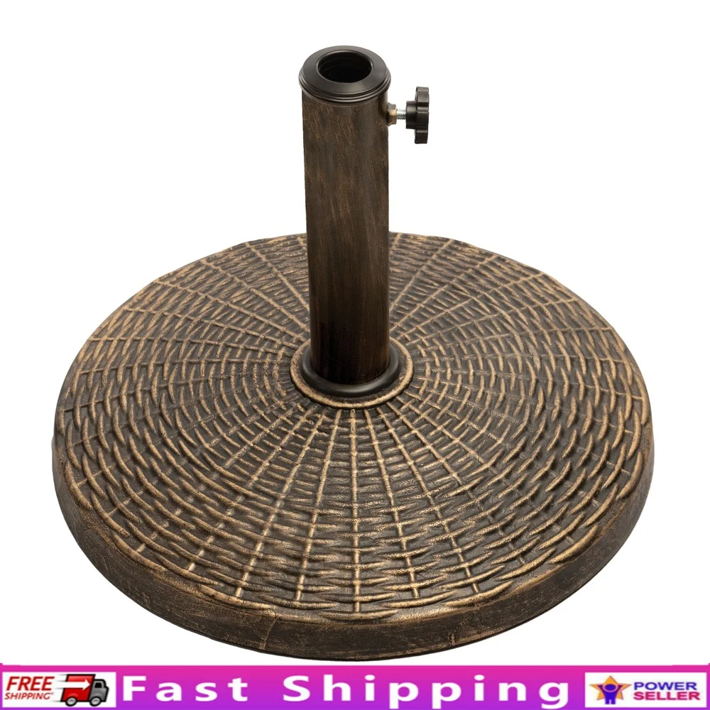 

22lb Cast Stone Patio Umbrella Base Durable Weather Resistant Wicker Pattern Adjustable Support Knob PVC Feet Stability Outdoor
