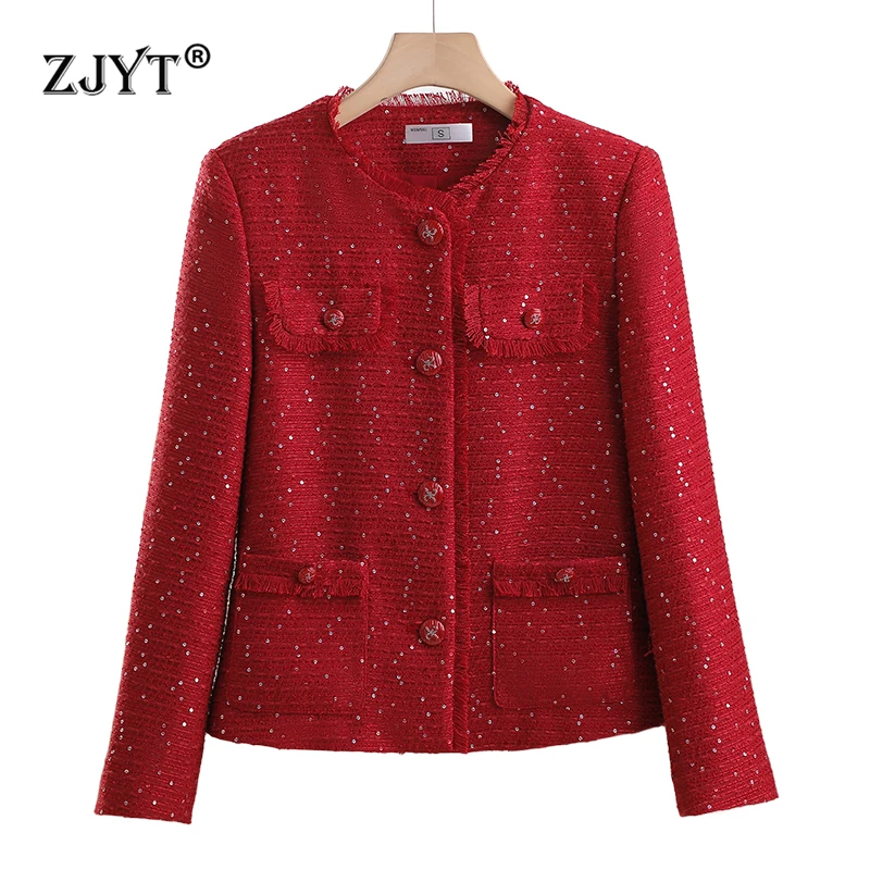 

ZJYT Autumn Fashion Women's Sequined Tweed Woolen Jackets Coats Casual Outerwears Plus Size Long Sleeve O Neck Veste Femme Red