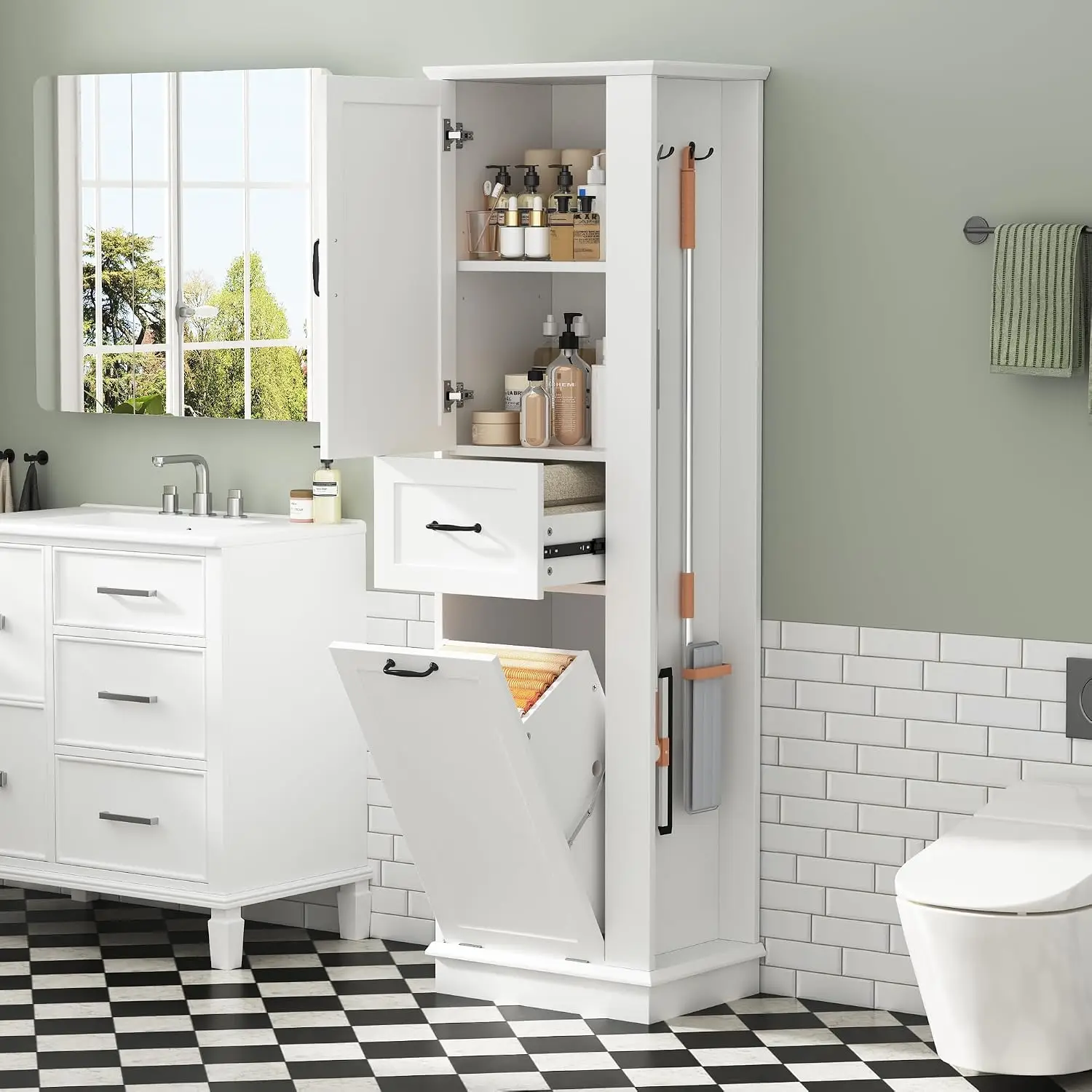 Bathroom Storage Cabinet with Door Drawer & Laundry Hamper, Adjustable Shelf, Left/Right Orientation, 68