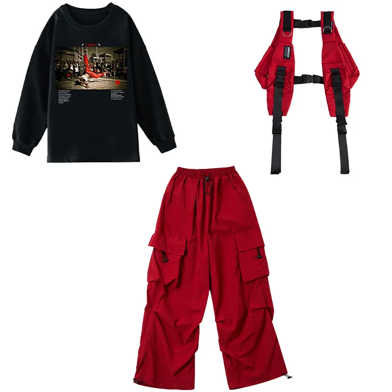 Ropa de Hip Hop para chico, sudadera con estampado negro, chaleco rojo, pantalones Cargo de paracaídas informales para niña y niño, Ropa de baile de Jazz, ropa de disfraz